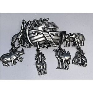 Vintage Pewter Noah’s Ark Pin Brooch JJ Signed Animal Hanging Charms